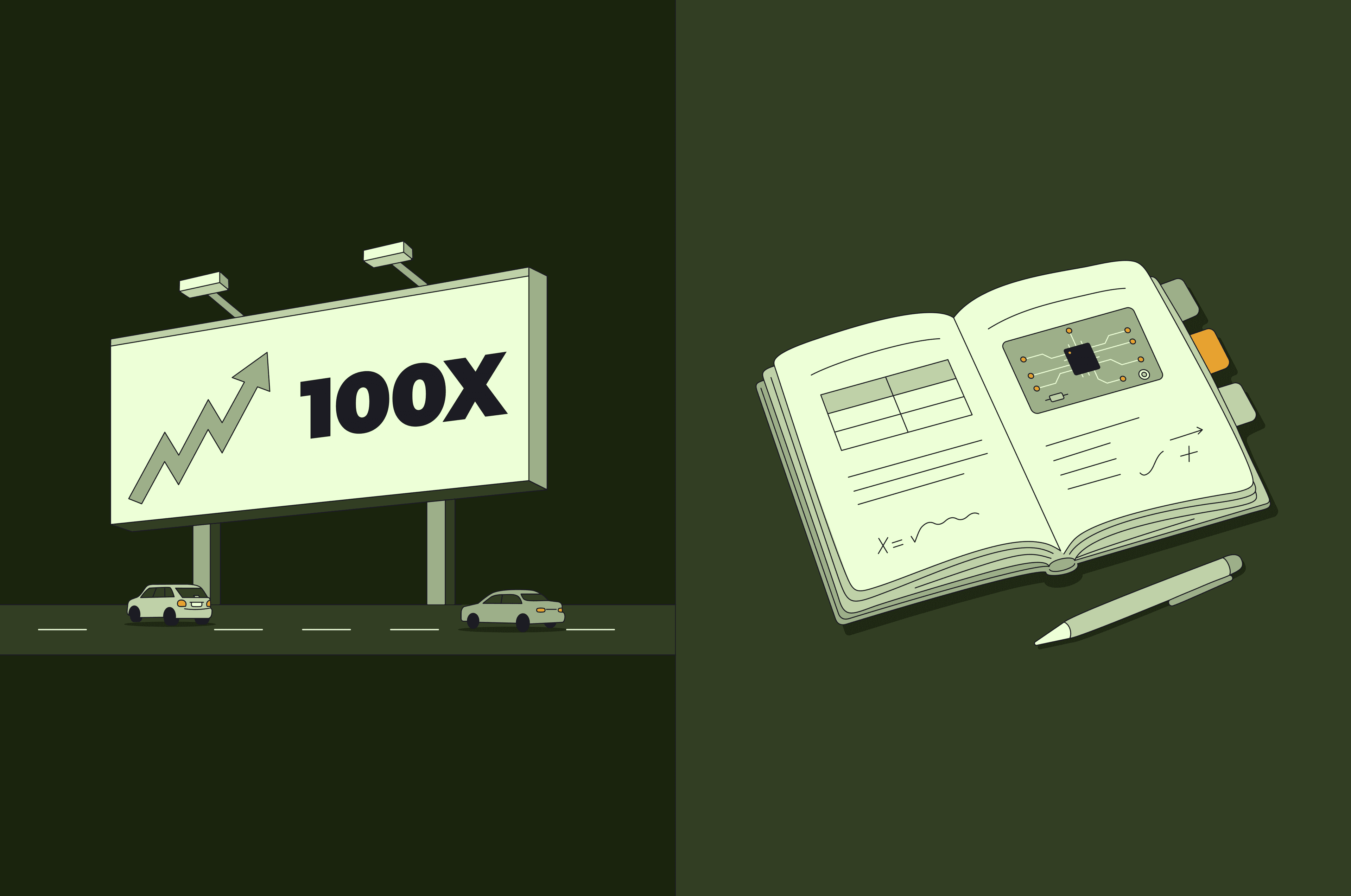 Attention Spikes and Explainers: a billboard showing 100X growth beside an open book of technical details