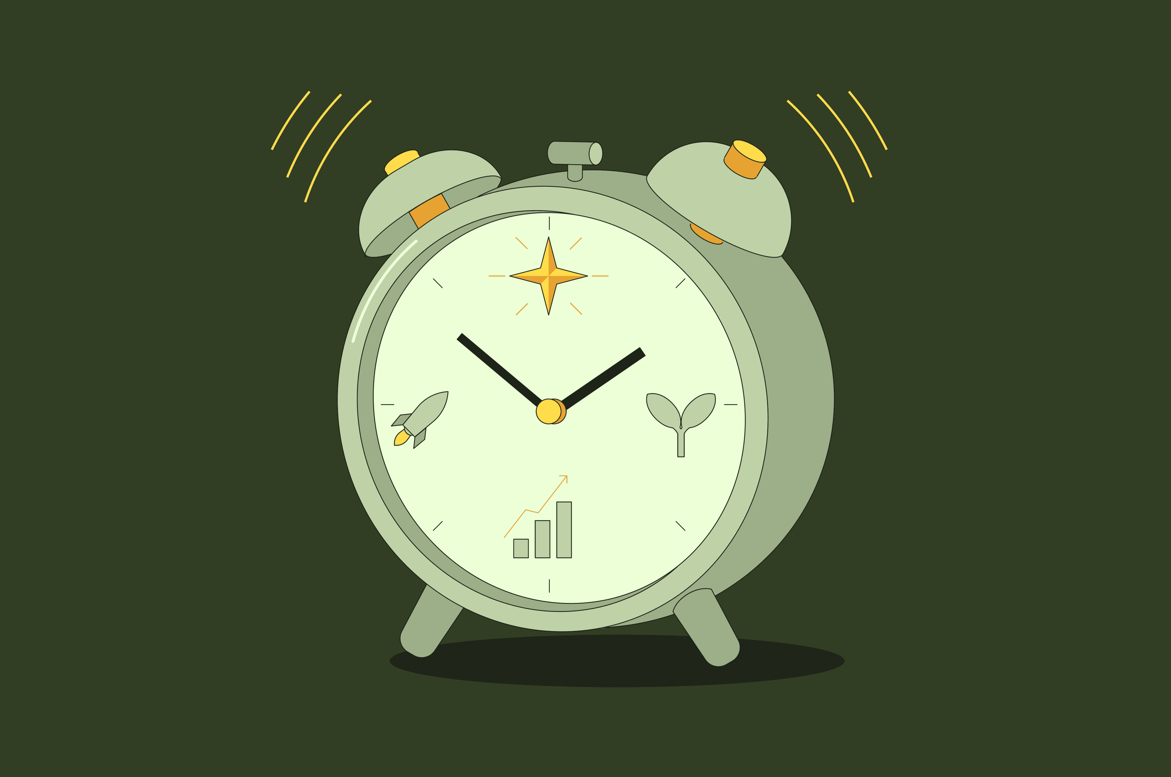 An alarm clock ringing, its face marked with a rocket, a seedling and a rising bar chart