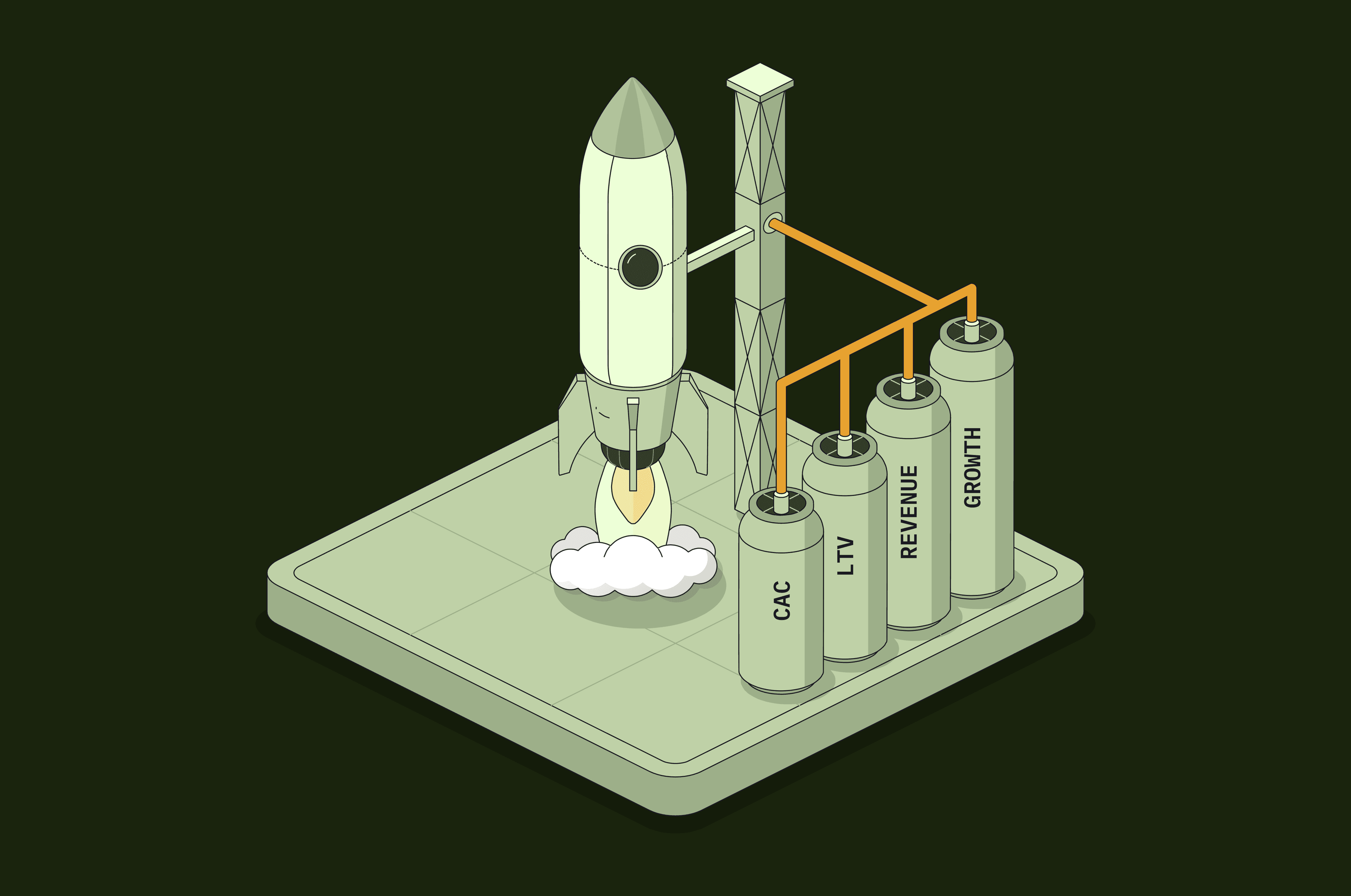A rocket fueled by business metrics: CAC, LTV, revenue, and growth