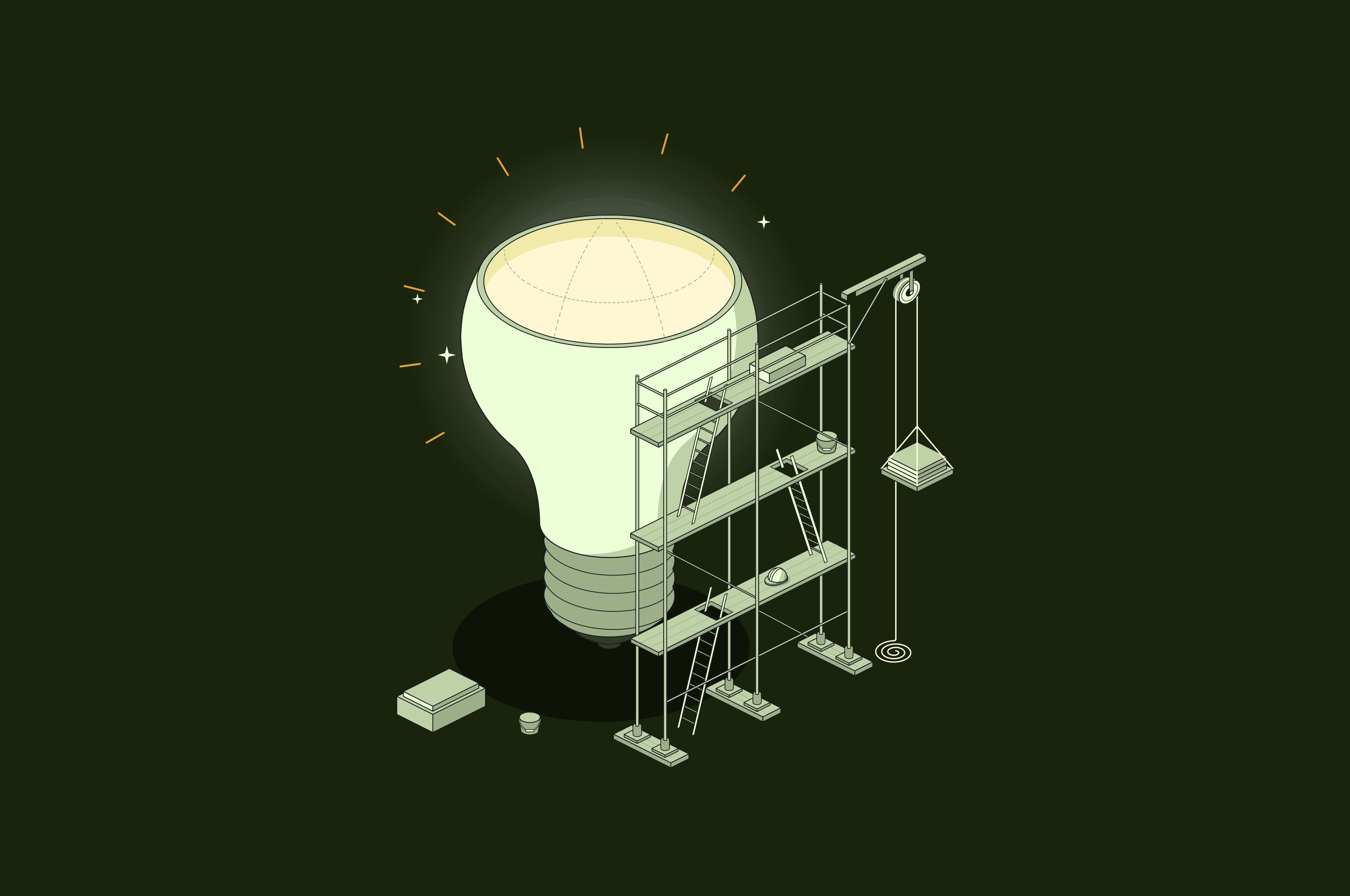 A glowing light bulb surrounded by scaffolding, illustrating the construction of a compelling startup story